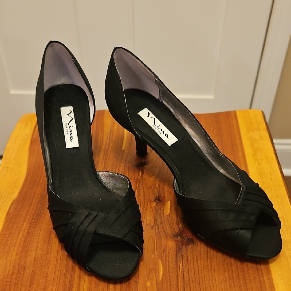 Nina Black Peep-Toe Heels
